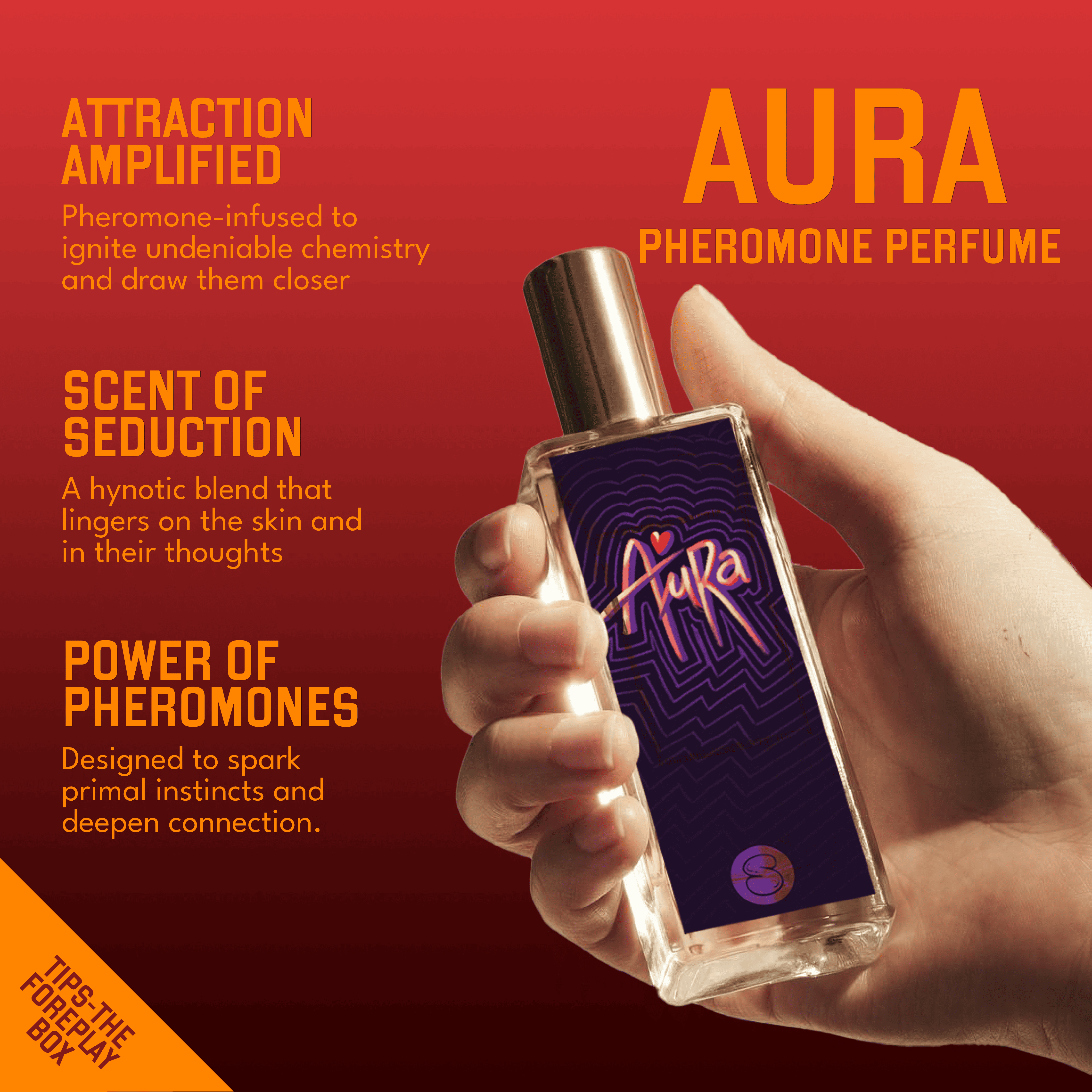 Hand holding Aura pheromone perfume bottle with bold red background and sensual scent descriptions