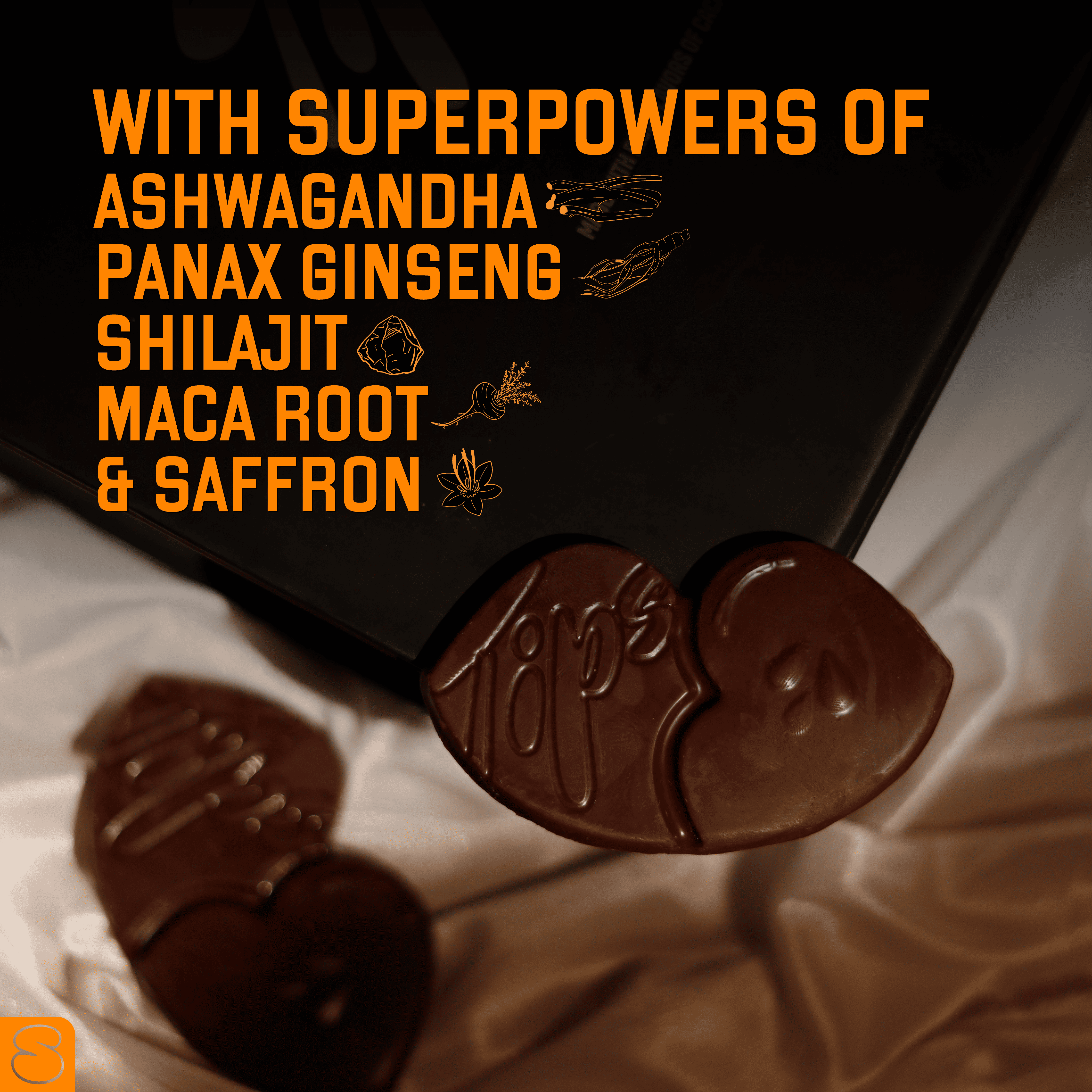 Buy Tips Foreplay Box India featuring heart-shaped chocolates enriched with Ashwagandha, Ginseng, Shilajit, Maca Root, and Saffron on silky sheets