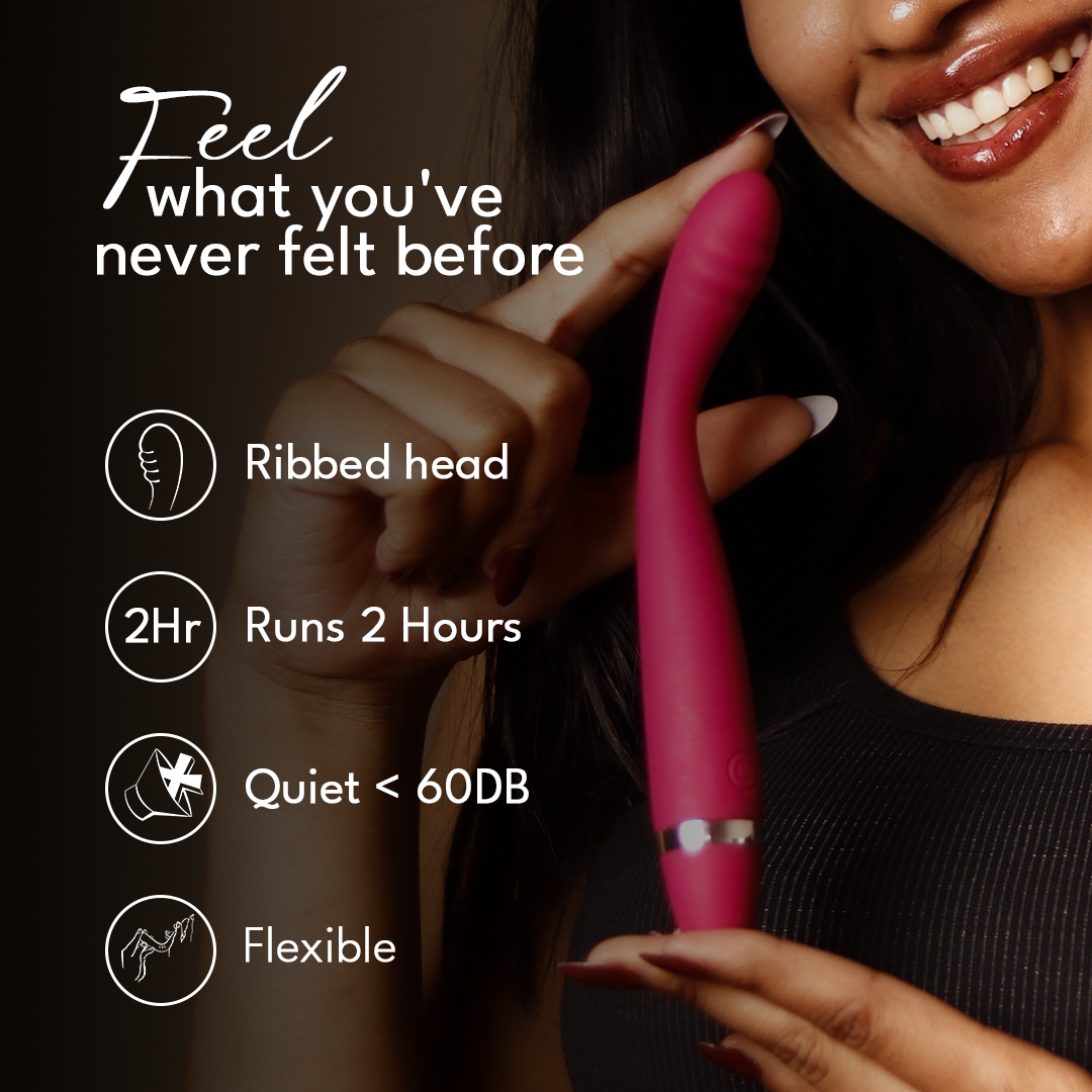 Woman smiling while holding Crave massager with ribbed head – highlighting 2-hour runtime, quiet operation, and flexible design.