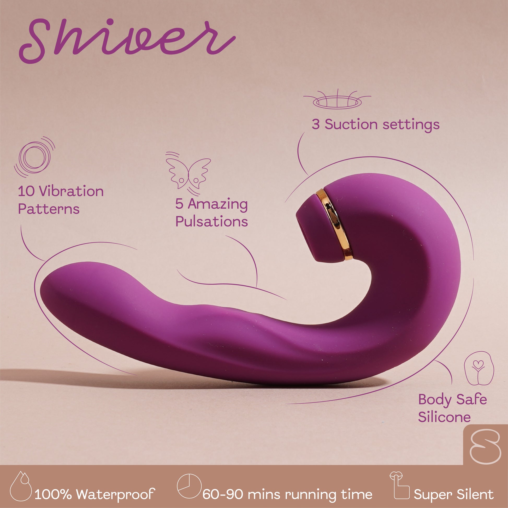 Buy Super Oβs Massager Combo India featuring Shiver β a curved silicone massager with suction and pulsation settings.