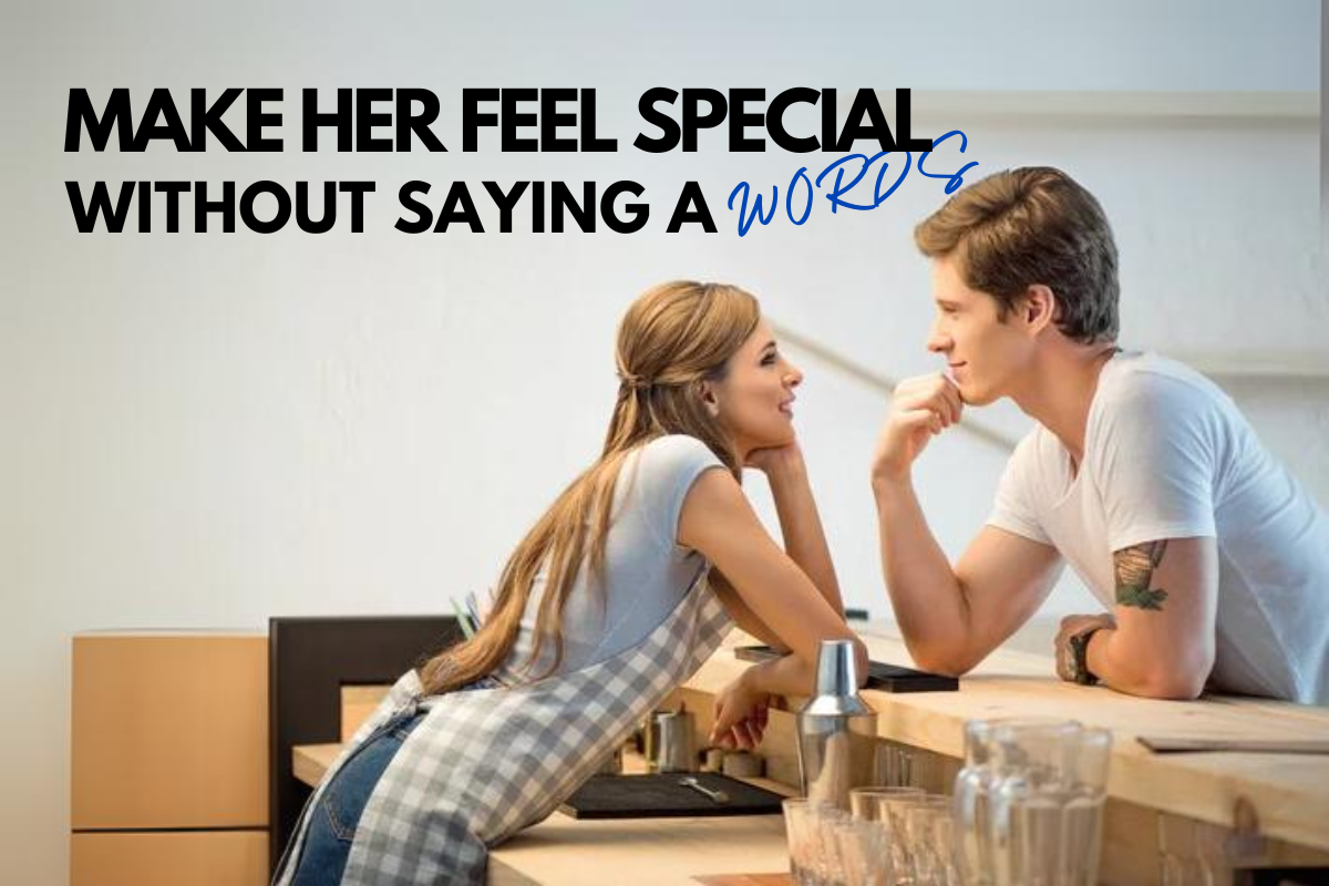 Couple enjoying a playful, intimate moment in the kitchen, showcasing how to make her feel special without words, with love and connection.