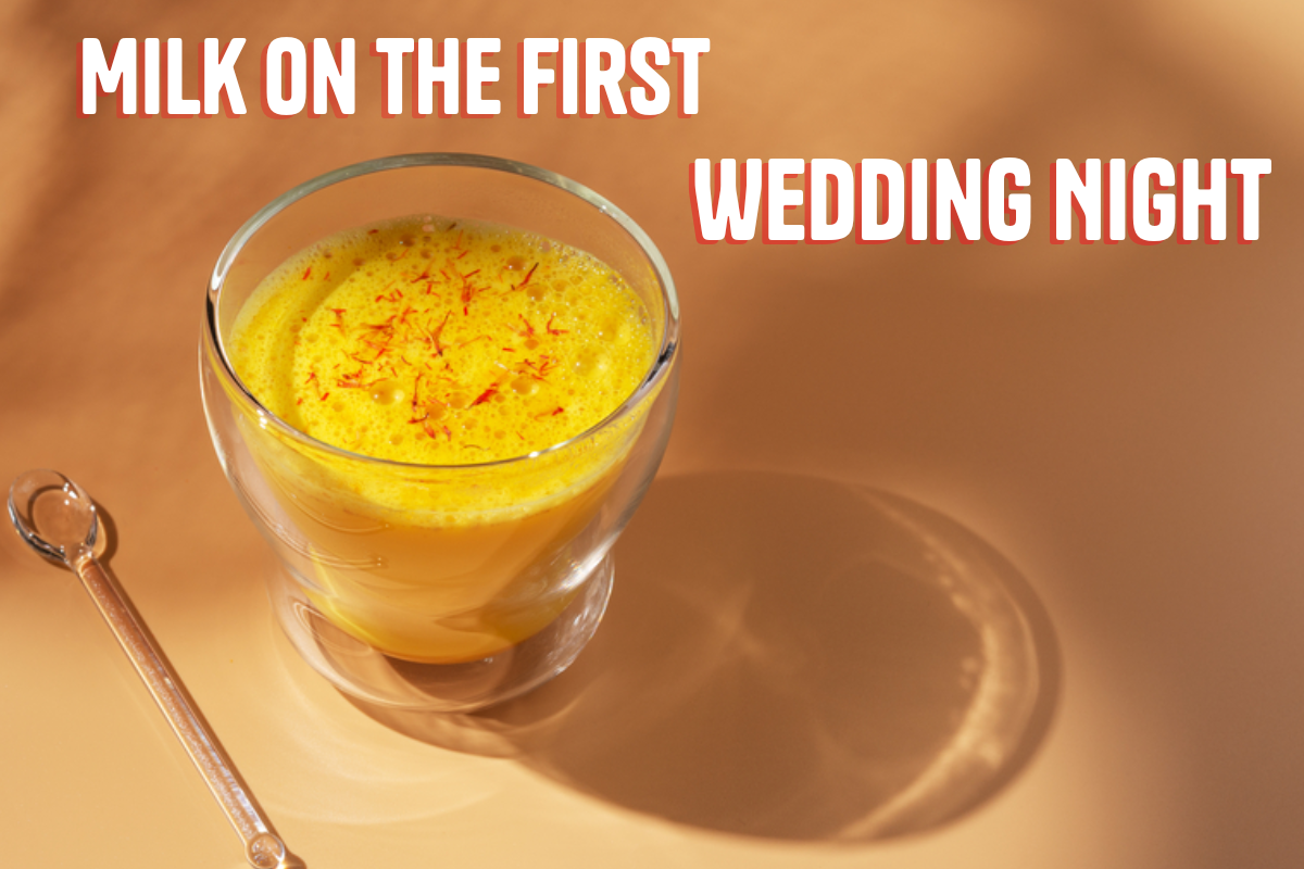 "A couple enjoying a glass of saffron milk on their wedding night, symbolizing the traditional and romantic ritual of starting married life with nourishment and energy, rooted in Indian culture and customs.