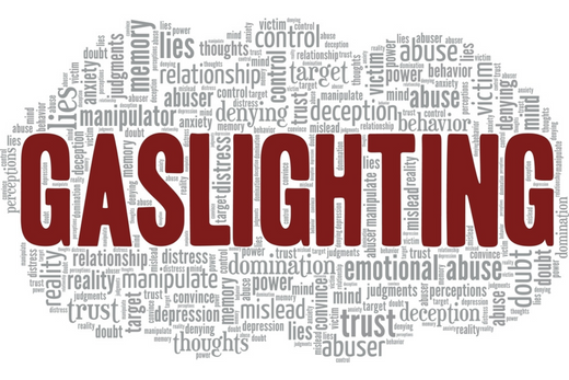 Word cloud centered around 'Gaslighting,' highlighting terms related to emotional manipulation, abuse, trust, doubt, and control, reflecting the toxic behaviors discussed in the blog.