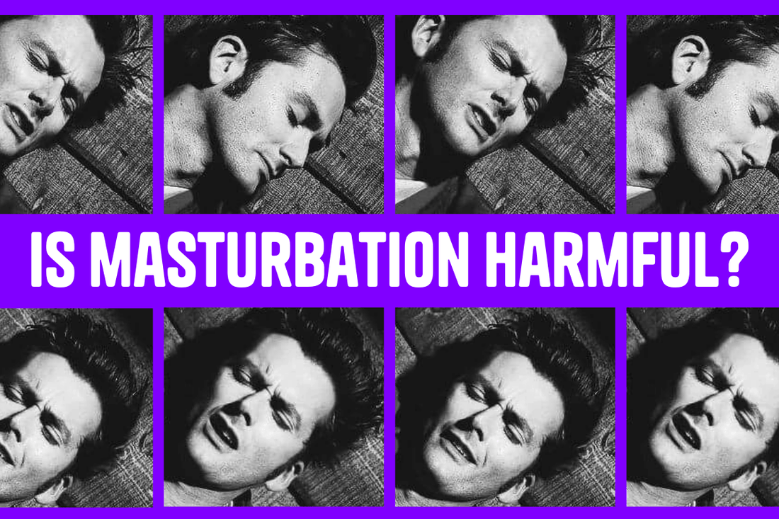 Man experiencing pleasure during masturbation with the question 'Is Masturbation Harmful?' displayed in bold, purple text.