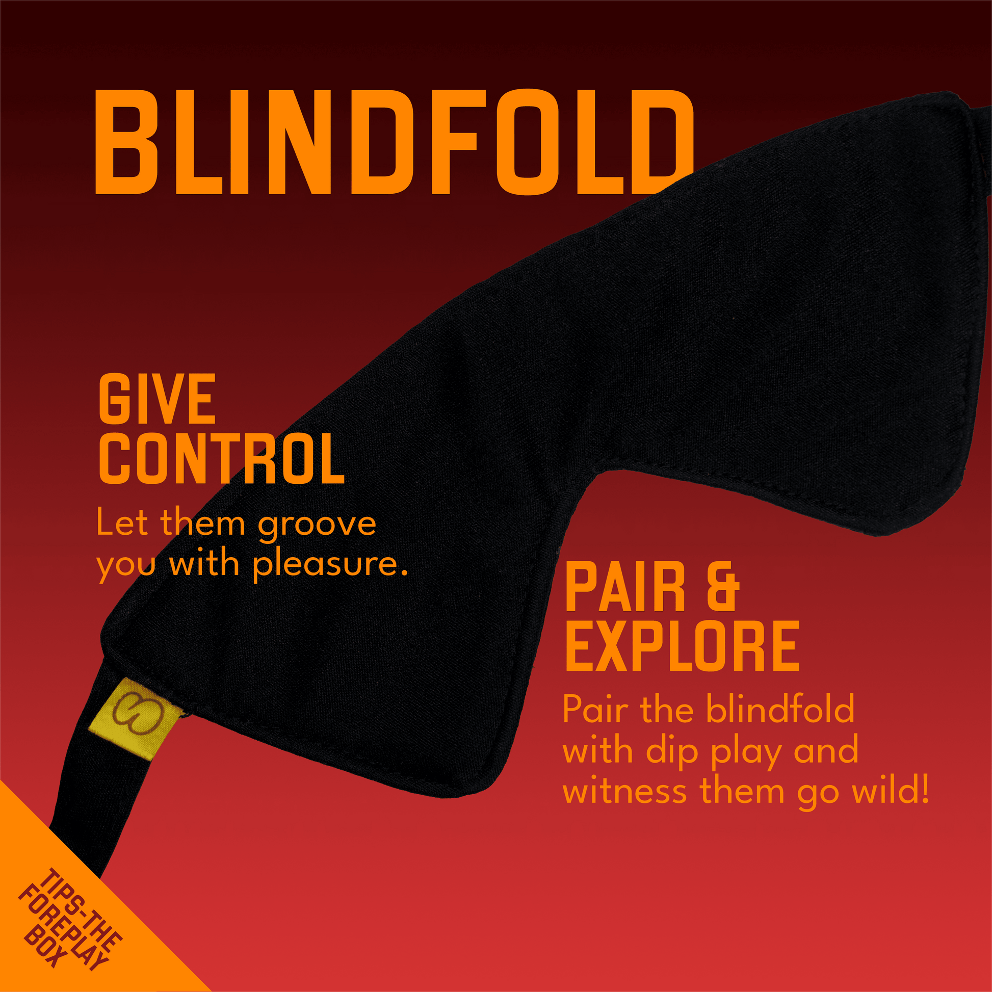 Black blindfold with bold red background and playful text about control and exploration