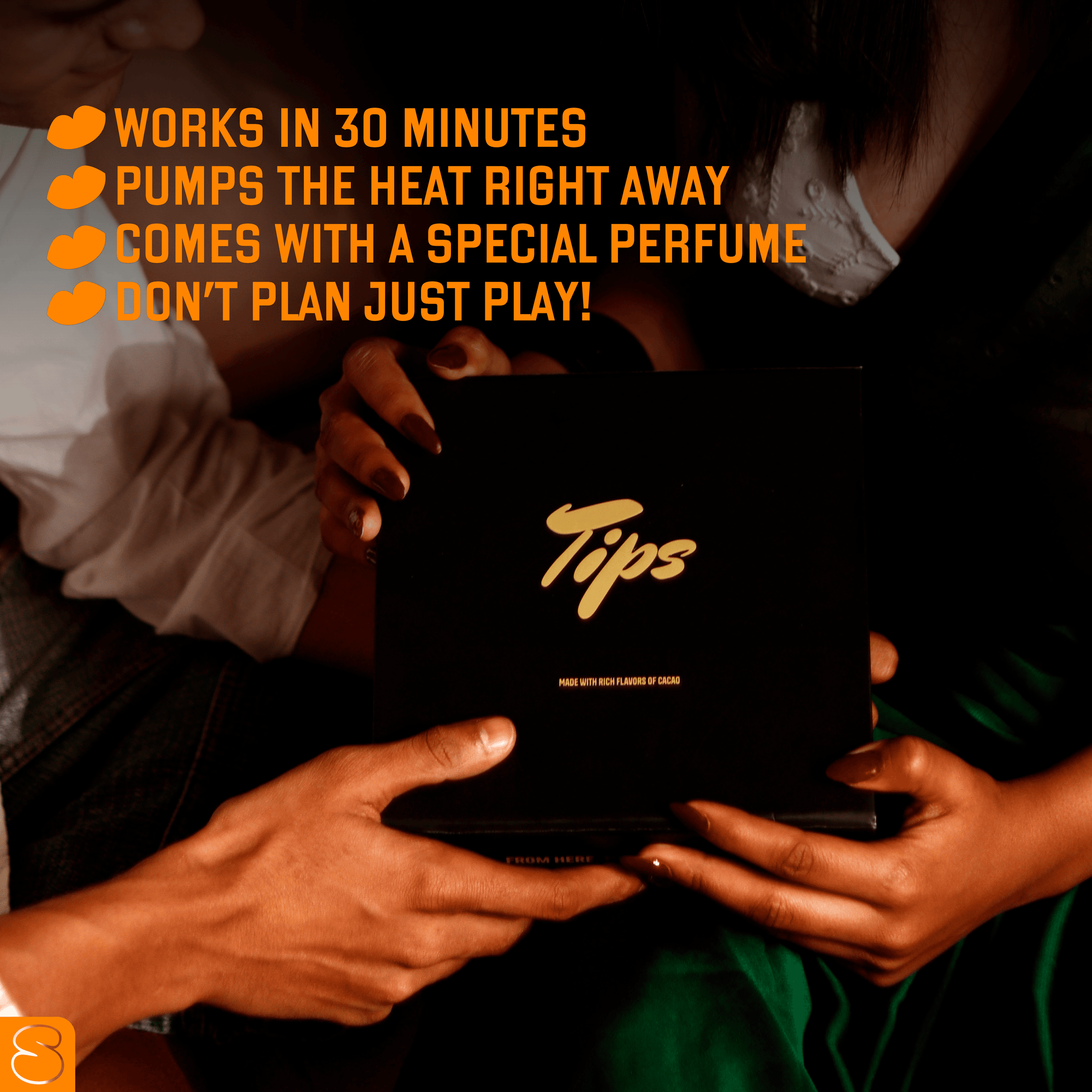 Buy Tips Foreplay Box India – held by couple, featuring playful promises like quick action and special perfume


