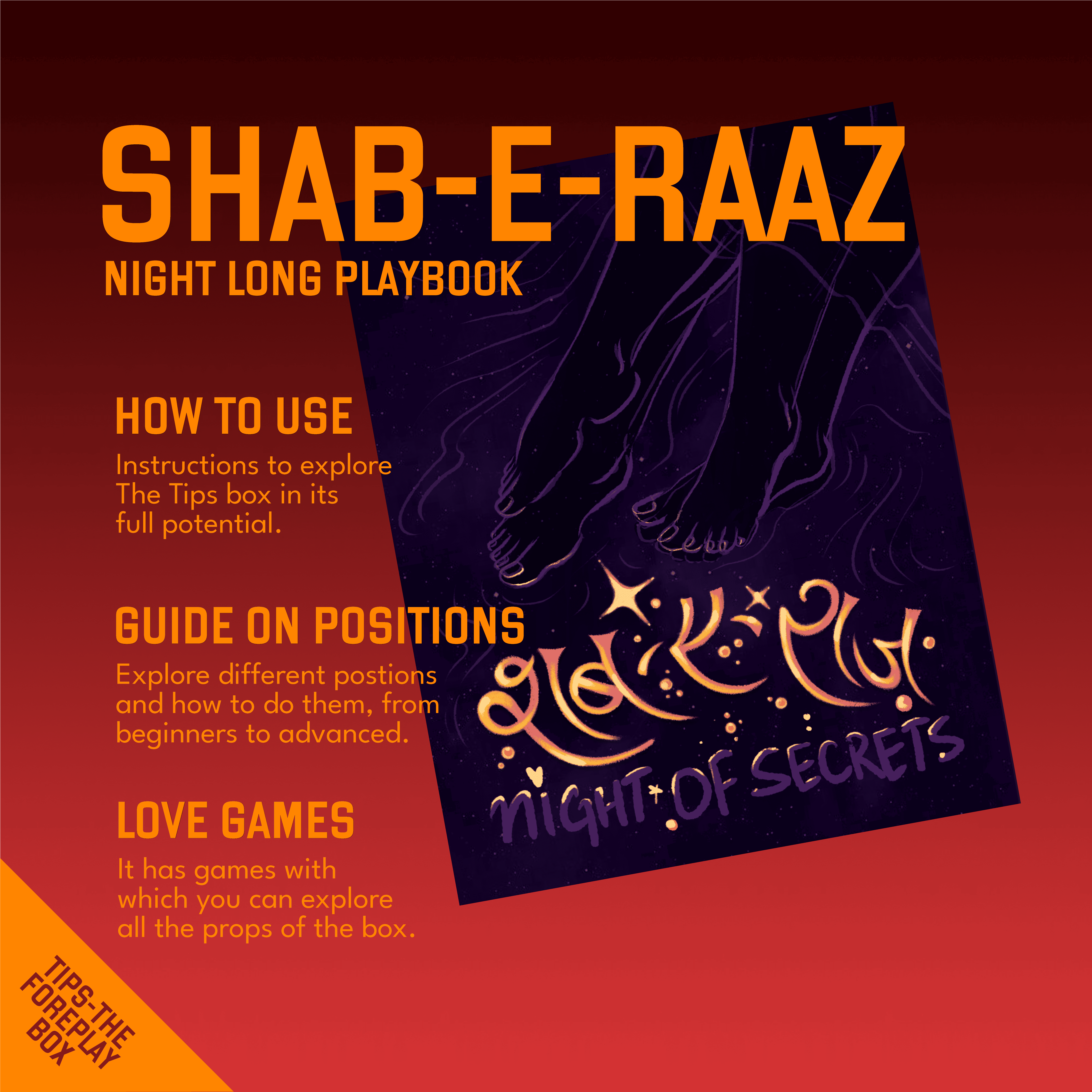 Illustration of the Shab-e-Raaz night-long playbook with instructions, love games, and position guides included in the Tips Box
