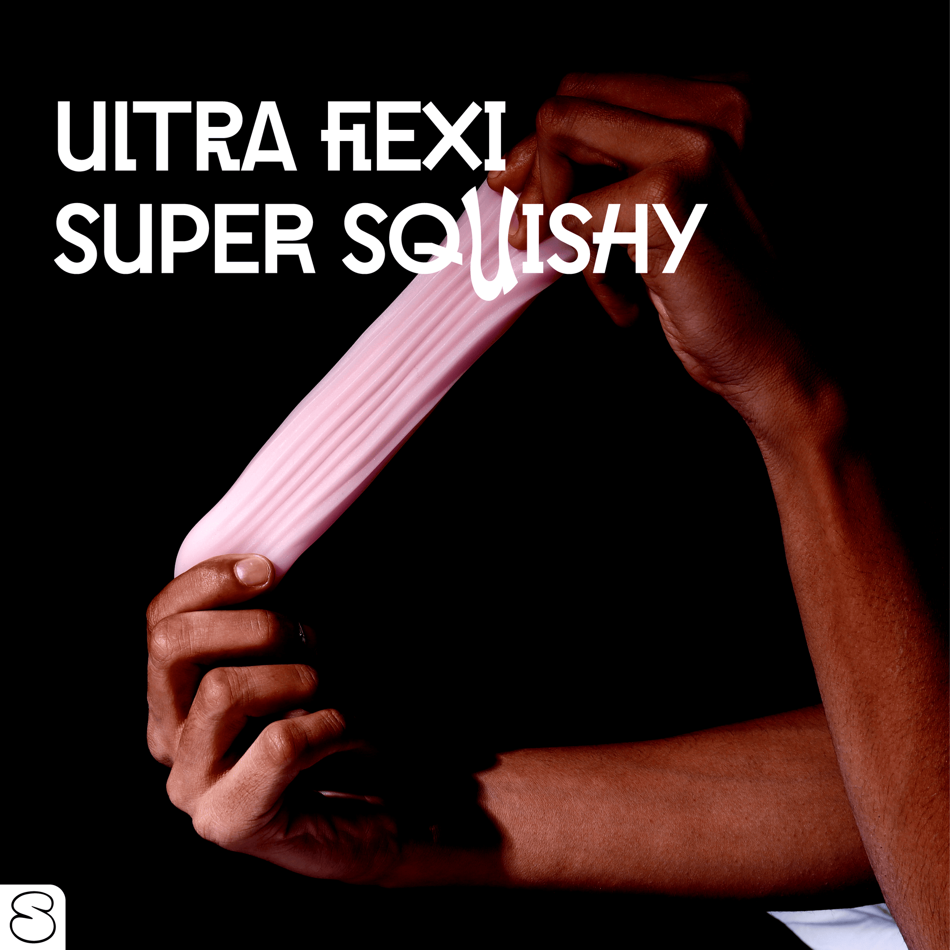 Hands stretching a soft pink sleeve showing ultra flexible and squishy texture

