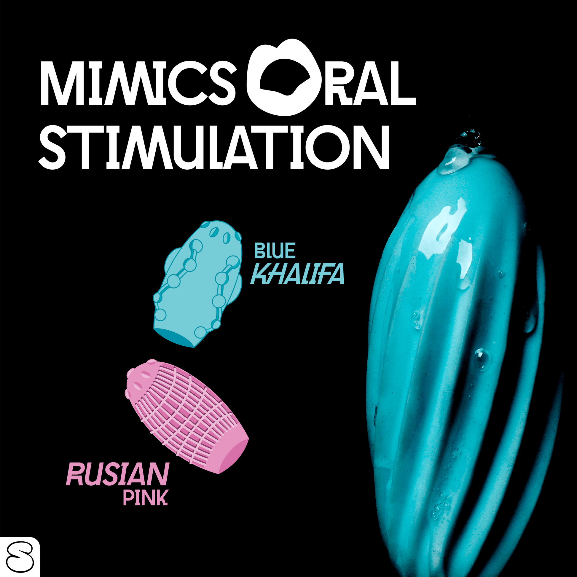 Blue and pink massagers labeled Khalifa and Russian Pink with water droplets and text that reads ‘Mimics Oral Stimulation