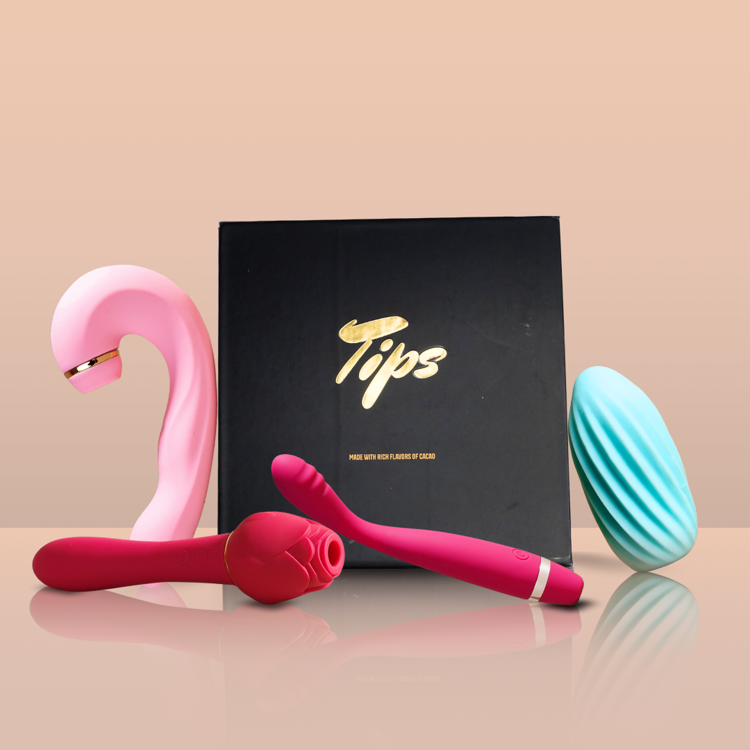 Fifty Shades Pleasure Combo India featuring five intimate massagers and a luxurious Tips box on a pastel background