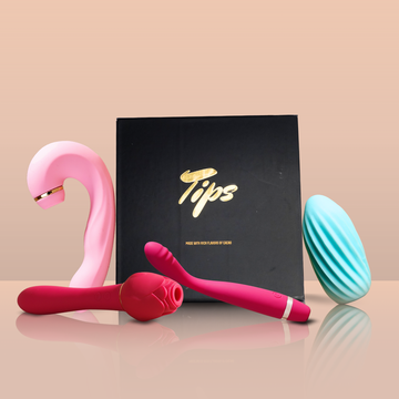 Fifty Shades Pleasure Combo India featuring five intimate massagers and a luxurious Tips box on a pastel background