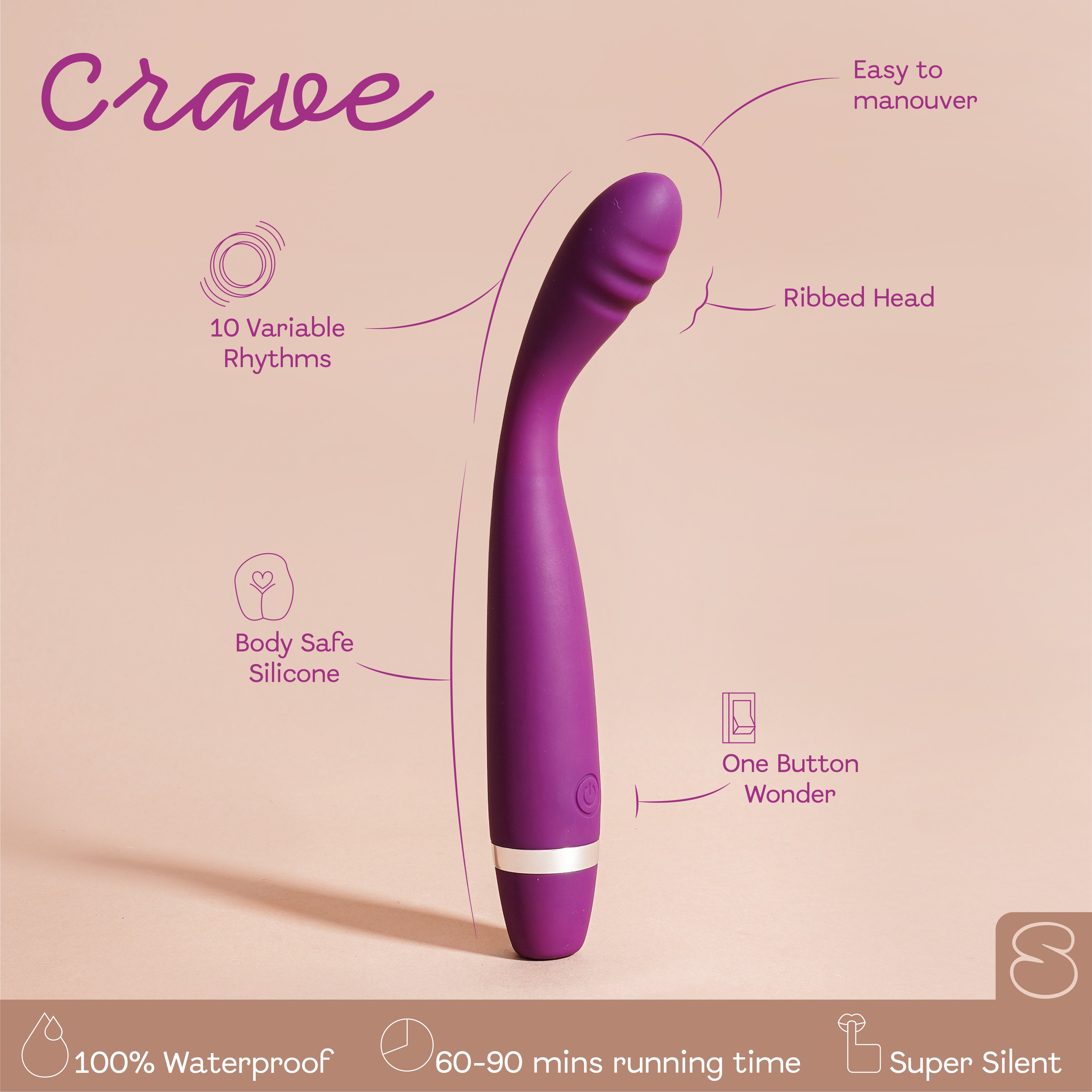 Purple ribbed silicone massager with labeled features like waterproof, super silent, and 10 vibration rhythms.
